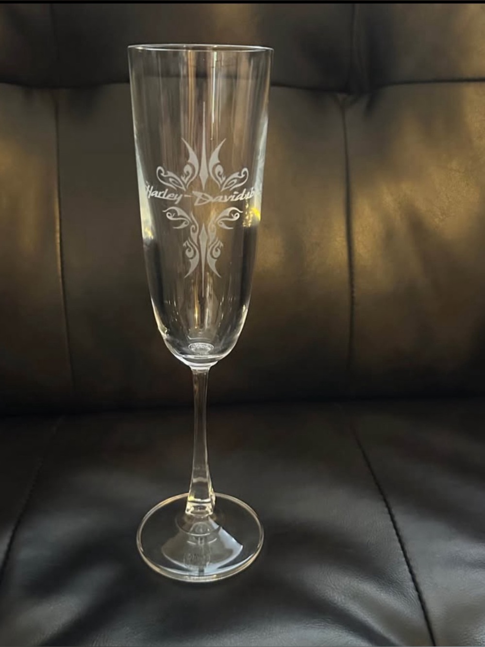 NEW Harley-Davidson Clear Etched Champagne Flute Lead Crystal Tribal Hand Blown